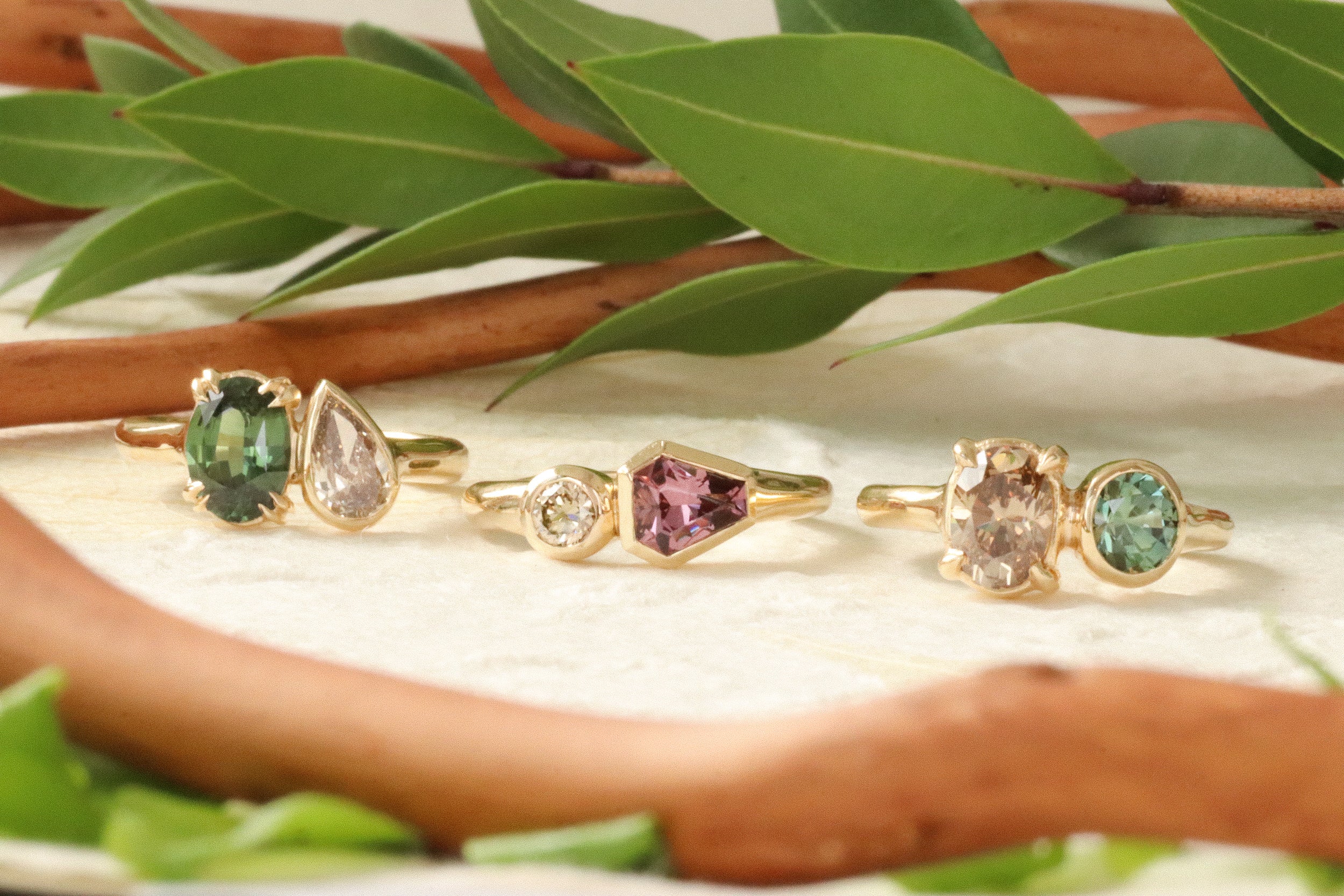 Lifestyle front view of Oval & Pear Toi et Moi Ring, Champagne Toi Et Moi Ring, and Warm Toi et Moi Ring by Kestrel Dillon