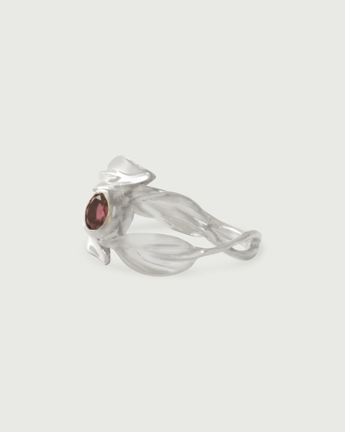 Side view of Garnet Willow Ring in Sterling Silver by Kestrel Dillon Side view of Garnet Willow Ring in Sterling Silver by Kestrel Dillon
