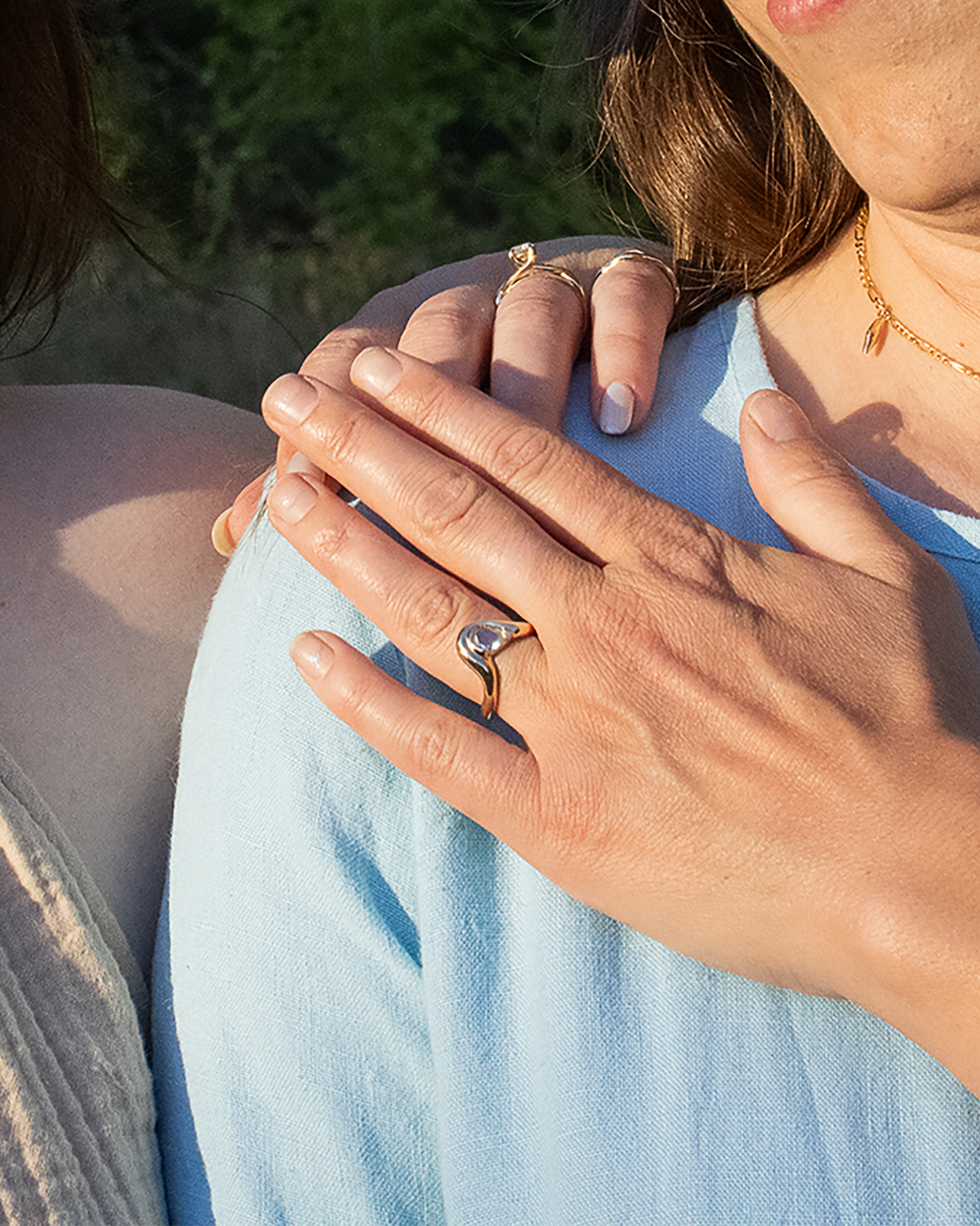 Model wears Pear Dip Ring by Kestrel Dillon Model wears Pear Dip Ring by Kestrel Dillon