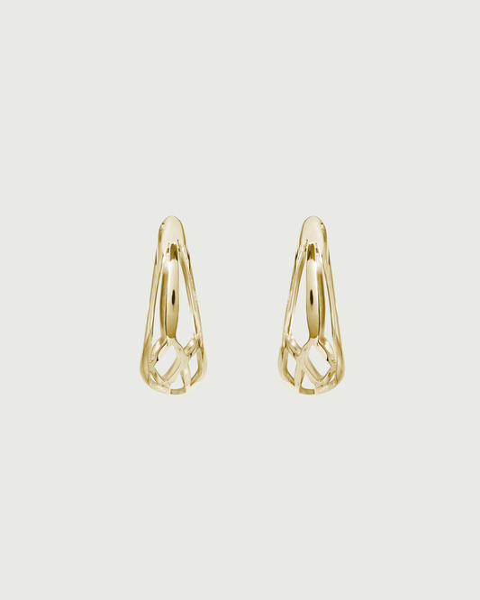 Front view of Cicada Hoops in 14k yellow gold