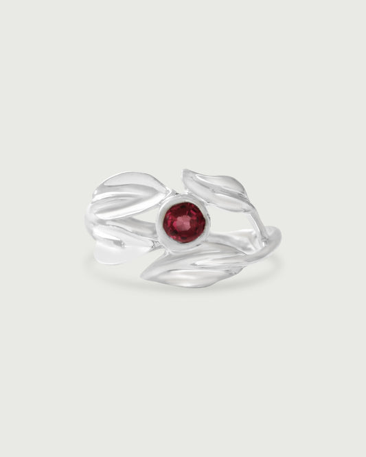Front view of Garnet Willow Ring in Sterling Silver by Kestrel Dillon