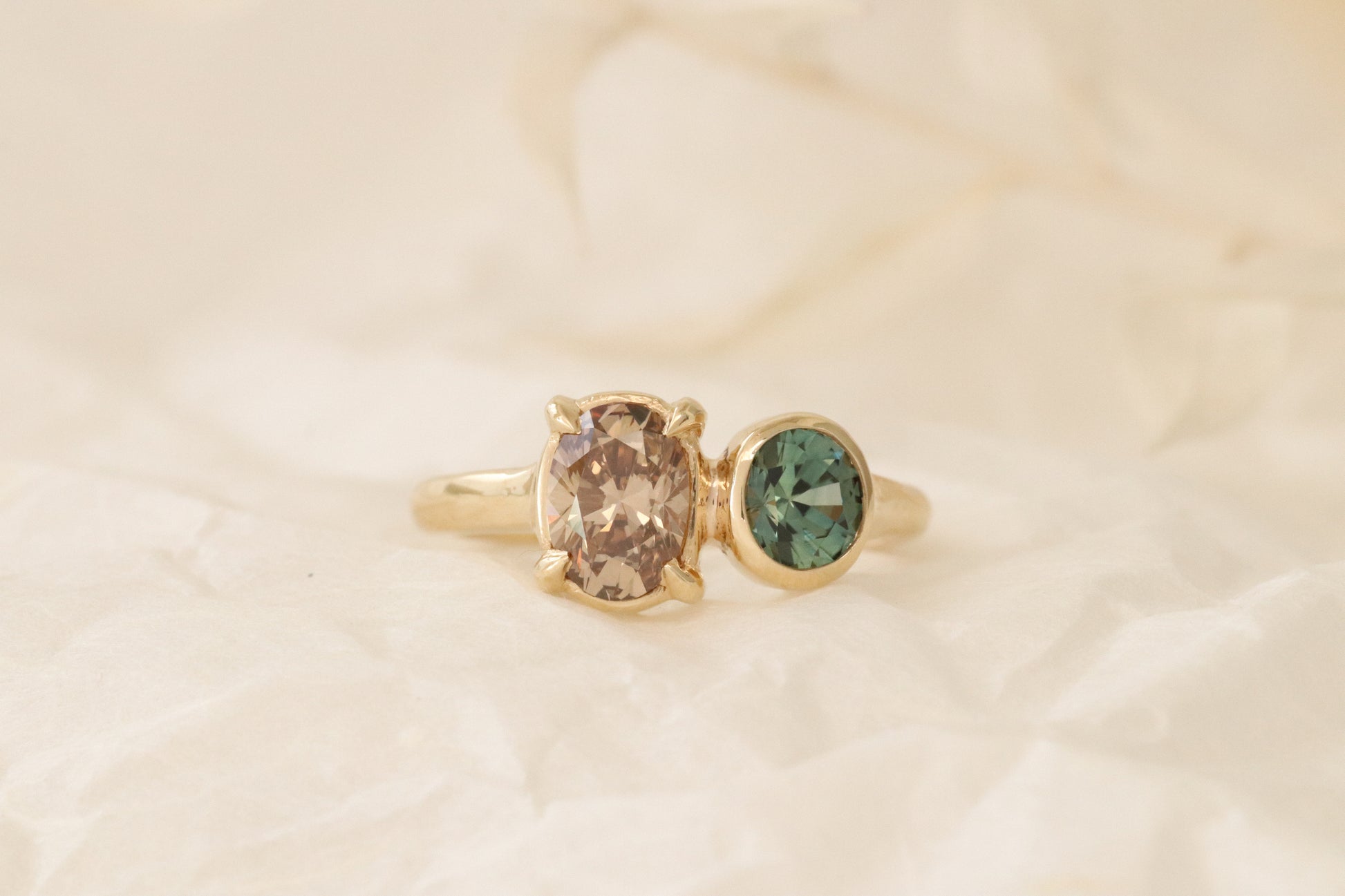 Lifestyle front view of Champagne Toi Et Moi Ring by Kestrel Dillon